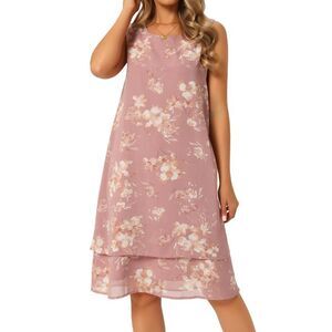 Women's Chiffon Dress Sleeveless Floral Crewneck Layered Sundress Dusty Pink